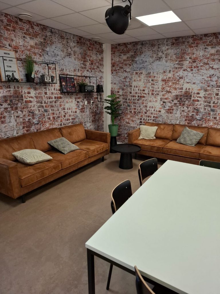 Moderne woonkamer met bakstenen muur en leren banken